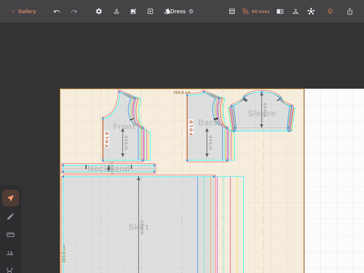 A SewGrader screenshot: a dress drafted to measurements, with all eight EU sizes nested, laid out on 150 cm fabric.