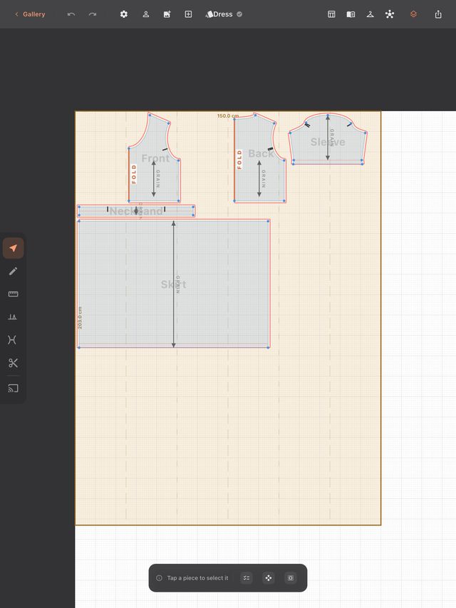 The pattern lands on your own fabric width, every piece labeled with how many to cut and where the fold is.