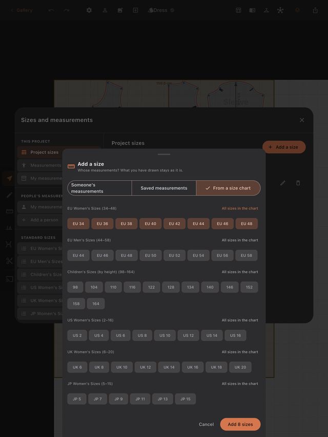 A whole size chart in one tap. Every size is drawn again from its own measurements.