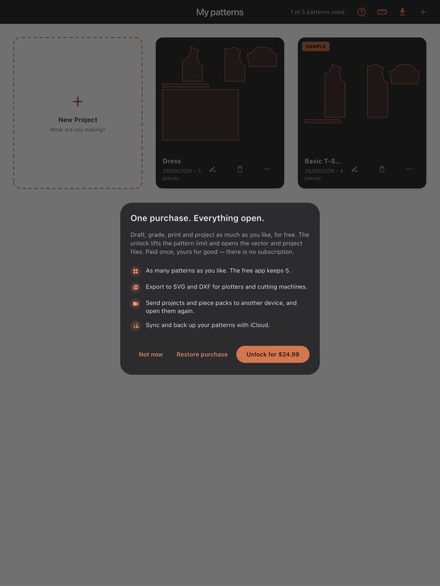 Free with up to five patterns. One purchase lifts the limit and opens SVG, DXF, project files and iCloud sync.